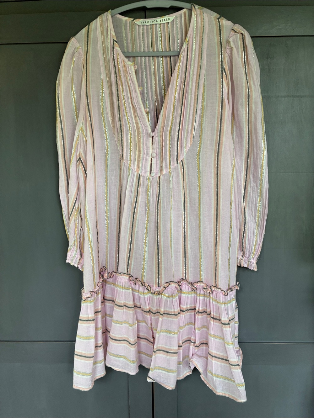 Veronica Beard sheer Pink and Gold-Striped Ruffle Hem Dress